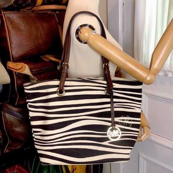 MICHAEL KORS Black Ivory Zebra Striped Shoulder Bag with Brown Leather Handles - Picture 16 of 17